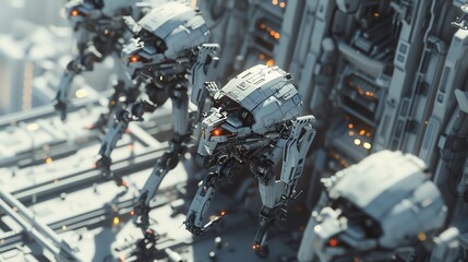 Capture the intricate movements of aerial view interactive robots with a dynamic CG 3D rendering Show their precise details and futuristic design in a photorealistic style that brings them to life