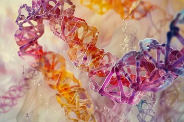 Capture the intricate swirls of a DNA strand in a watercolor close-up, blending the elegance of ballet with the precision of genetic code Combine unexpected camera angles to reveal the beauty of the m