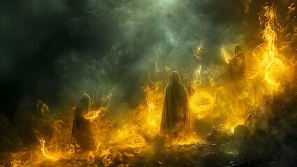 Detailed eerie scene of faceless wizards casting spells on a spooky night. Concept Fantasy, Wizards, Casting Spells, Spooky Night, Eerie Scene - obrazy, fototapety, plakaty