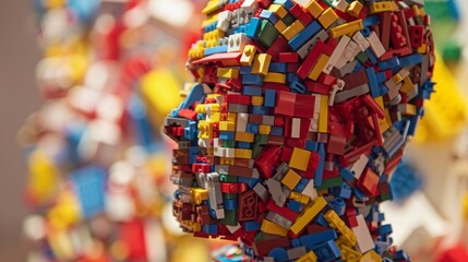 Colorful LEGO sculpture depicting a human face, showcasing creativity and complexity
