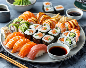 Colorful platter of sushi with all the different types, sashimi and maki rolls on grey plate with soy sauce and chopsticks side view. Asian food concept