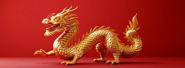 Fototapeta premium Golden Chinese dragon on a red background