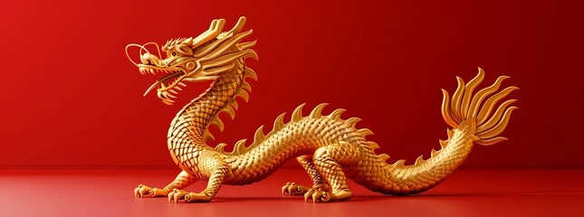 Fototapeta premium Golden Chinese dragon on a red background