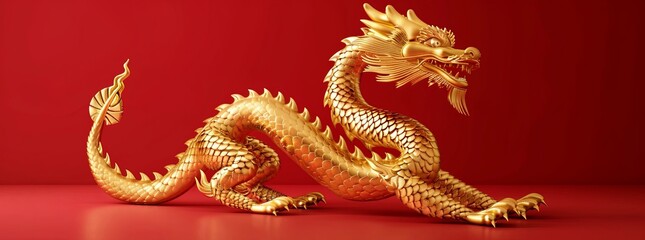 Golden Chinese dragon on a red background