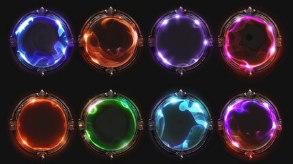 Fantasy circle avatar game frame with smoke UI. Illustration of medieval metal border in red, purple, blue, and green. Different empty glowing metallic menu interface rim badge asset collection.