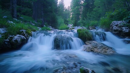 A stream of water flows through a forest, with the water appearing to be crystal clear. The scene is peaceful and serene, with the sound of the water creating a calming atmosphere