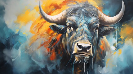 Capture the majesty of wildlife through a wide-angle view in a dynamic acrylic painting, showcasing abstract interpretations of animals in their natural habitats with unexpected camera angles
