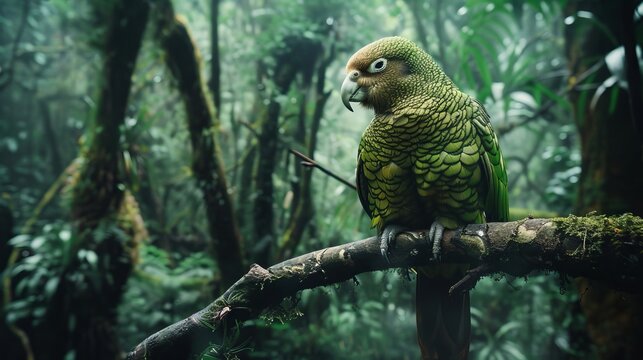 Rare Kakapo Parrot in New Zealand Forest