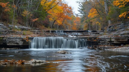 A waterfall is flowing into a river with leaves on the ground. The water is calm and the leaves are falling from the trees
