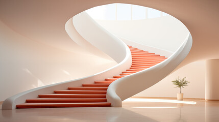 A minimalist modern interior showcasing a stunning curved staircase with bright orange steps contrasted against a sleek white structure.