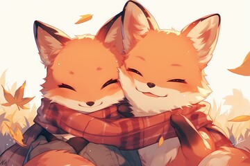 cartoon of a cute pair of foxes in the park