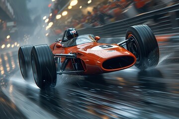 A dramatic shot of a racing car skidding around a corner, tires screeching as the driver expertly maintains control at high speeds