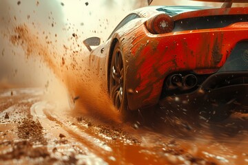 A dramatic shot of a racing sports car kicking up dust as it races down a dirt track at 200km/hr. The intensity of the moment is captured in stunning detail, showcasing the raw power of the vehicle