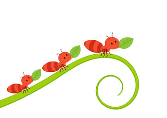 Ants carrying green leaves. Ant vector. Ant on white background. free space for text. copy space.