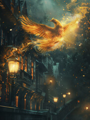 phoenix flying through street - fantasy illustration - generative ai