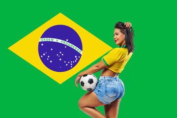 Beautiful young sporty Brazilian woman dressed in sportswear, playing with the ball. Brazilian flag, soccer and smiling happily.