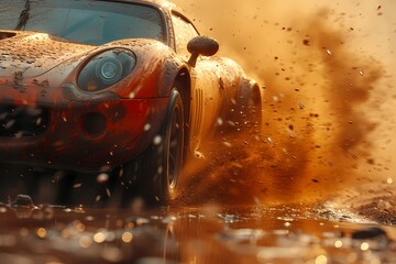 A dramatic shot of a racing sports car kicking up dust as it races down a dirt track at 200km/hr. The intensity of the moment is captured in stunning detail, showcasing the raw power of the vehicle