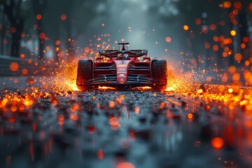 A dramatic shot of a racing car's brakes glowing red-hot as it decelerates from breakneck speeds, the smell of burning rubber hanging in the air