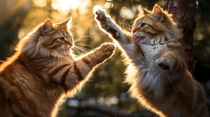 Cats clashing in midair, paws striking, outside, sharp focus foreground, soft background