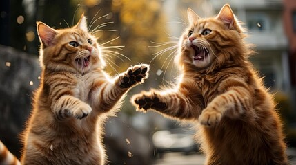Cats clashing in midair, paws striking, outside, sharp focus foreground, soft background