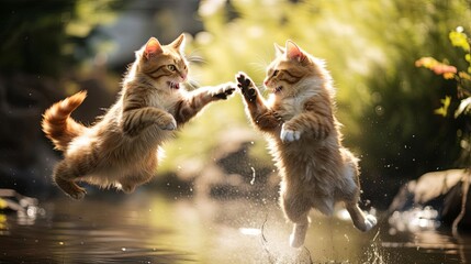Cats outdoors in a fierce jump and fight, paw action, background blur for depth