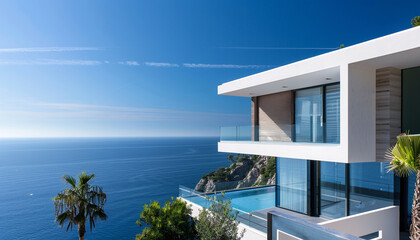 A contemporary coastal villa with sleek design and stunning sea views, captured on a bright and sunny summer day.