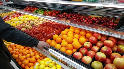Within the glass display case, a plentiful array of ripe fruits is showcased, promising freshness and flavor for shoppers
