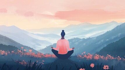 illustration, pastel color image of back view woman sitting in mindful meditating in nature mountain