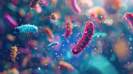 Concept of microscopic microbiome view of bacteria culture in the gut, healthy microorganisms, pathogen and cells macro shot, colorful biology and virology background - Powered by Adobe