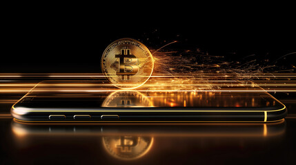 Bitcoin on Smartphone:A Striking Visualization of Cryptocurrency and Technology with Glowing Lines and Sparks on a Dark Background