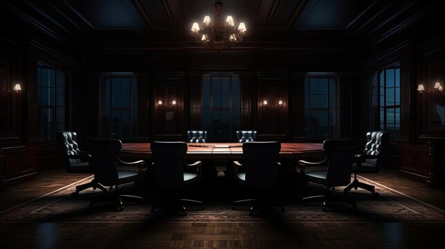 Classic boardroom, dark wood table, high stakes negotiation, soft lighting, eyelevel