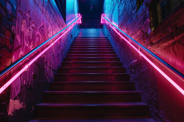 A dimly lit staircase with neon handrails.