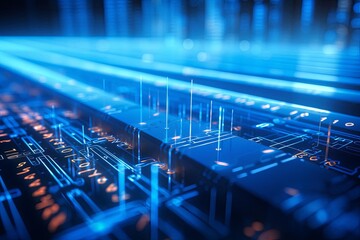 Close perspective on microchip, analyzing data, blue neon, depth of field, numerals floating