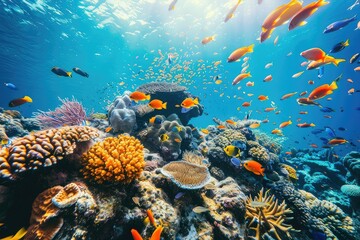 Tropical sea underwater fishes on coral reef. Aquarium oceanarium wildlife colorful marine panorama landscape nature snorkel diving ,coral reef and fishes	
