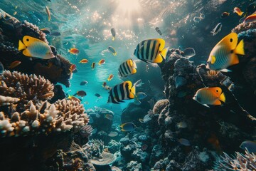 Tropical sea underwater fishes on coral reef. Aquarium oceanarium wildlife colorful marine panorama...