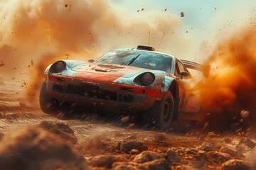 A dynamic shot of a racing car kicking up clouds of dust and debris as it tears across the dirt track with unmatched speed and agility