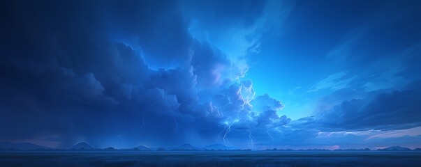 Capture a dramatic scene of a panoramic sky ablaze with vibrant lightning bolts, illuminating the dark clouds with electrifying hues like an artists vibrant palette