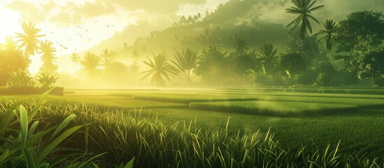 Naklejka premium Lovely rice fields in the morning create a perfect background, offering plenty of space for creative ideas.