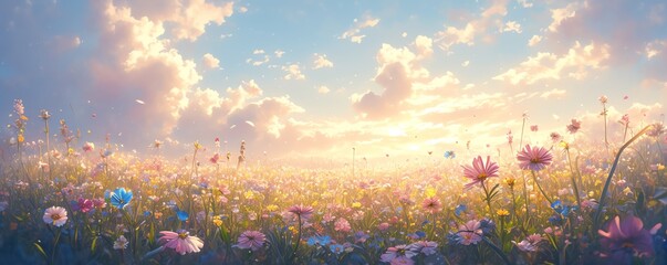 Capture the serene beauty of a field of colorful wildflowers under a vast sky in a traditional watercolor painting Display the delicate petals swaying in the wind against the backd