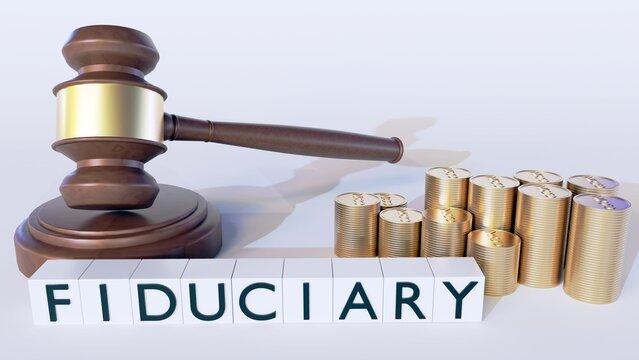 3d rendering of fiduciary on cube shapes with pile of gold money and gavel