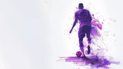 Purple watercolor painting of soccer man player in action view from back