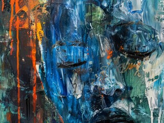 A close-up shot of tears turning into ice, portraying struggle and transformation in a storm. Abstract figures in blue, green, and orange colors add beauty to the misery. Shot in a raw, 4...