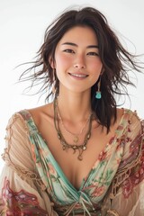 Boho Artisan Style: Full face no crop of a Pretty Young Japanese Super Model in a Flowy Boho Dress and Handcrafted Accessories, exuding bohemian charm with a carefree smile