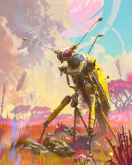 A futuristic robot resembling a mantis is surrounded by ancient ruins from the Khmer Empire, situated by an estuary with a swirling accretion disk above. The color palette includes blonde... - obrazy, fototapety, plakaty