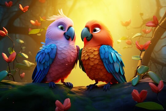 couple love bird,heart,nature background,3d cartoon