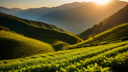 Landscape of high-altitude tea plantation at dawn. Bright green tea bushes of bizarre shape create picturesque view. Mountain tea plantation in morning, illuminated by sun. Copy space.