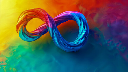 Sign of an endless rainbow on blue yellow red gradient background. Symbol of movement for rights and acceptance of autism. World Autism Awareness, Neurodiversity Day. Neuro disorder. Copy space.