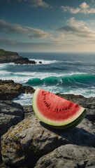 Watermelon slice on a rock overlooking the ocean
