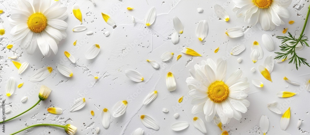 Canvas Prints Background for spring or summer with space for text: chamomile flowers and petals, a white blossom with a yellow center. View from above with items laid flat.