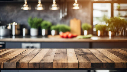 Empty wooden table in restaurant kitchen, perfect for product ads